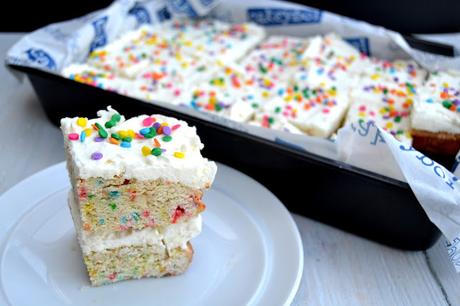 birthday cake bars funfetti sprinkles vanilla almond flavoured cake cut into individual servings