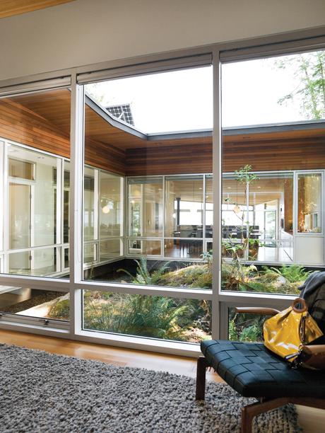 Modern wood-and-glass central atrium
