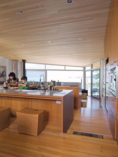 Open-plan kitchen with untreated hemlock ceiling