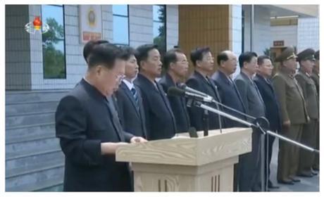 Choe Ryong Hae and senior party and DPRK sports officials at an event opening the renovated Pyongyang Sports Apparatus Sports Factory on June 7, 2016 (Photo: Korean Central TV).