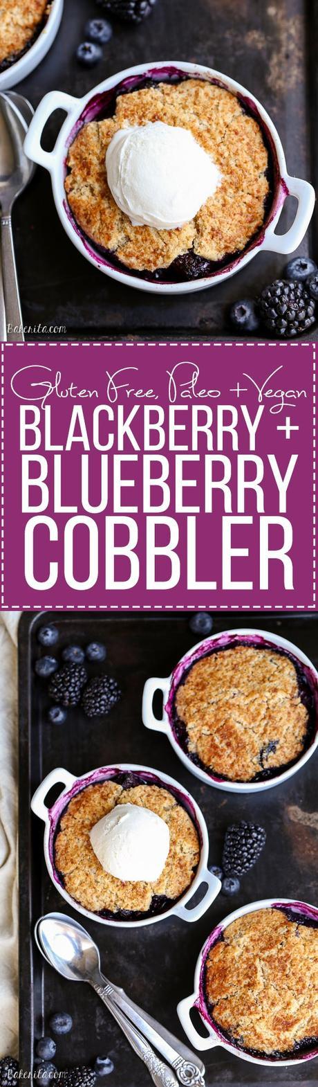 This Blackberry + Blueberry Cobbler is healthy enough for breakfast, but sweet + delicious enough to be dessert! These gluten-free, Paleo, and vegan cobblers have a crisp and gooey topping.