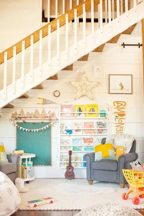 Adorable reading nook under the stairs  | 10 Fun & Friendly Kids Playrooms Part 3 - Tinyme Blog: 