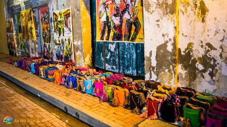 Even at night the colors pop out from the streets as vendors continue to provide beautiful crafts for lucky tourists in Cartagena.