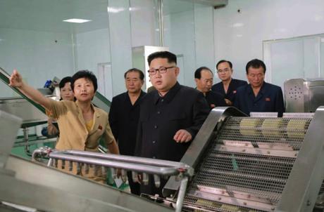 Kim Jong Un looks over production at the Ryugyo'ng Pickle Factory in suburban Pyongyang (Photo: Rodong Sinmun).
