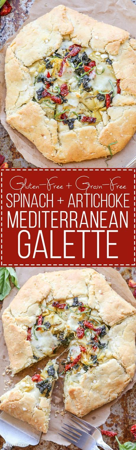 This Spinach + Artichoke Mediterranean Galette has sun-dried tomatoes, artichoke hearts, feta cheese, and gooey mozzarella tucked into a flaky gluten-free and grain-free crust. Pair with a side salad for the perfect lunch or dinner.