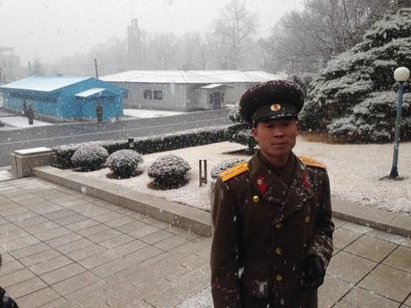 A North Korean soldier stares into the camera