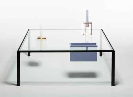 Rectangular bento glass table with compartments. 