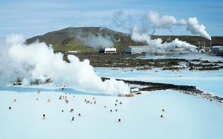 Visitors at the Iceland blue lagoon geothermal spa and hotel. 