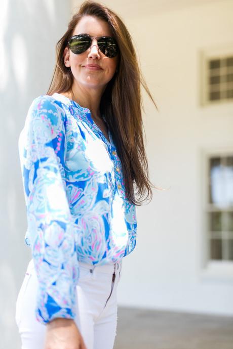 Summer in Lilly Amy Havins styles a Lilly Pulitzer blue blouse and shoes.