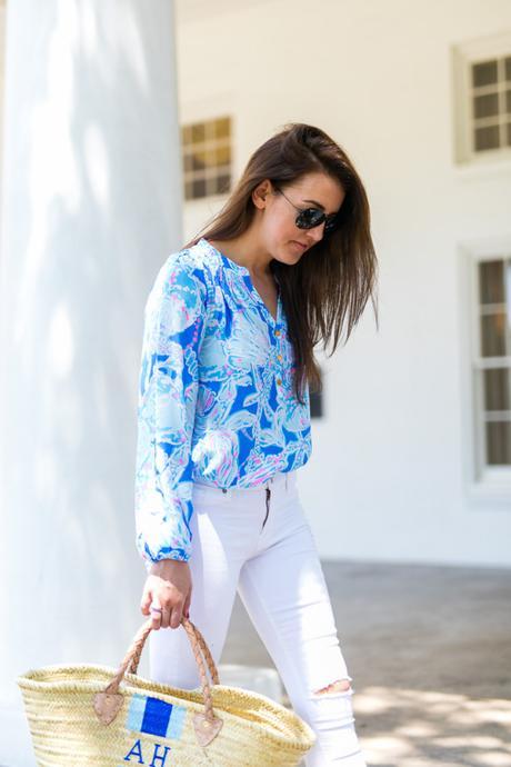 Summer in Lilly Amy Havins styles a Lilly Pulitzer blue blouse and shoes.