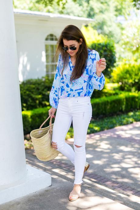 Summer in Lilly Amy Havins styles a Lilly Pulitzer blue blouse and shoes.