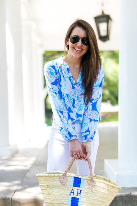 Summer in Lilly Amy Havins styles a Lilly Pulitzer blue blouse and shoes.