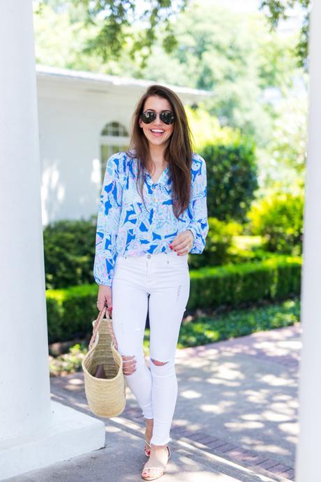 Summer in Lilly Amy Havins styles a Lilly Pulitzer blue blouse and shoes.