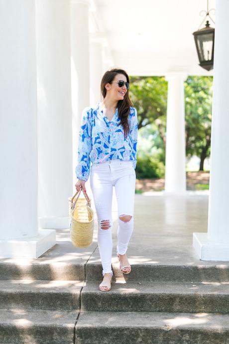 Summer in Lilly Amy Havins styles a Lilly Pulitzer blue blouse and shoes.