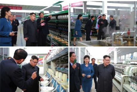 Kim Jong Un tours production facilities at the Kim Jong Suk Textile Mill and interacts with the mill's managers (Photos: Rodong Sinmun-KCNA).