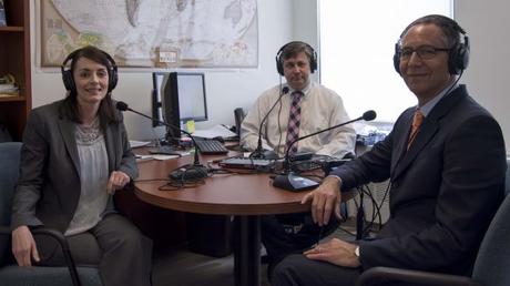 Podcast hosts Julie Johnson (left) and Ken Jaques (center) with guest Richard Bistrong.