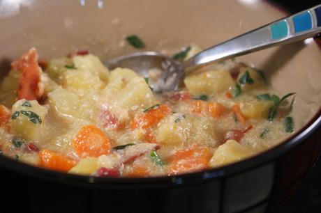 Potato Soup served in a bowl closeup 2