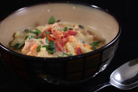 Potato Soup served in a bowl closeup 3