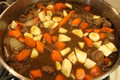 Guinness Irish Beef Stew on stovetop with veggies added