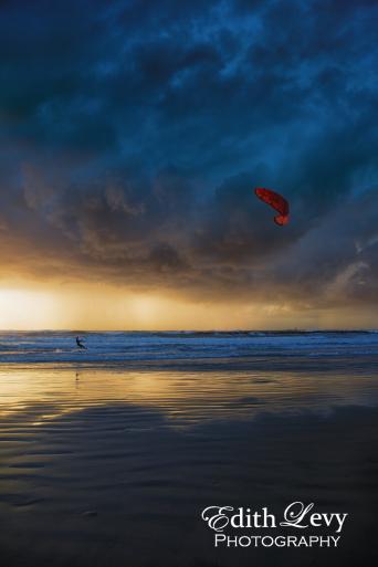 Israel; Tel Aviv; Banana Beach; mediterranean; sea; kite boarding; kiteboarder; boarding; kiting; sunset; beach