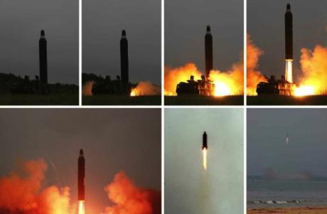 Photos from the bottom of page 2 of the June 23, 2016 edition of the WPK daily newspaper depict the Hwaso'ng-10 IRBM test (Photos: Rodong Sinmun/KCNA).