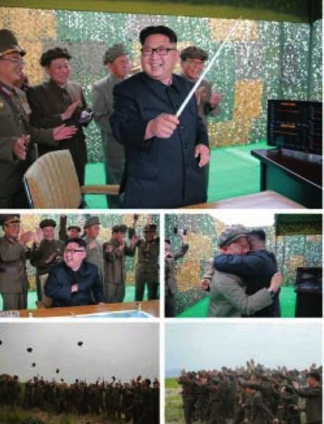 Photos from the bottom left of page 2 of the WPK daily newspaper Rodong Sinmun show Kim Jong Un, senior DPRK officials and test personnel celebrating the successful of the Hwaso'ng-10 (Musudan) IRBM test (Photos: Rodong Sinmun/KCNA).