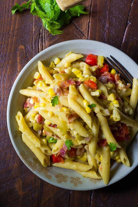 Summer Carbonara with Corn & Chiles, a 30-minute, one pan dinner recipe!