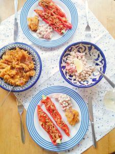 Smoky Stuffed Peppers with Healthy Sweet Potato Mash & Chickpea and Tomato Salad | Vegan