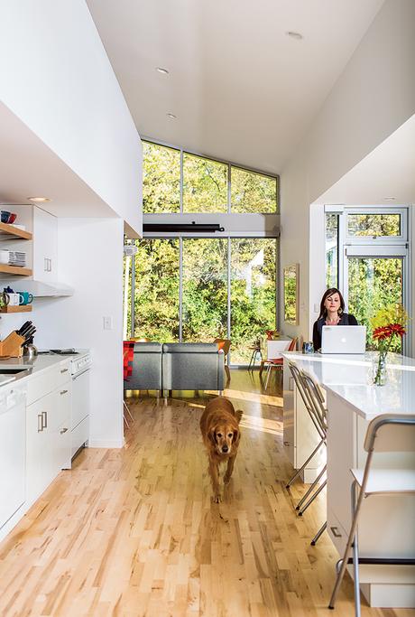 Affordable Kansas City home with eco-quartz countertop island and ikea cabinets and handles in the kitchen