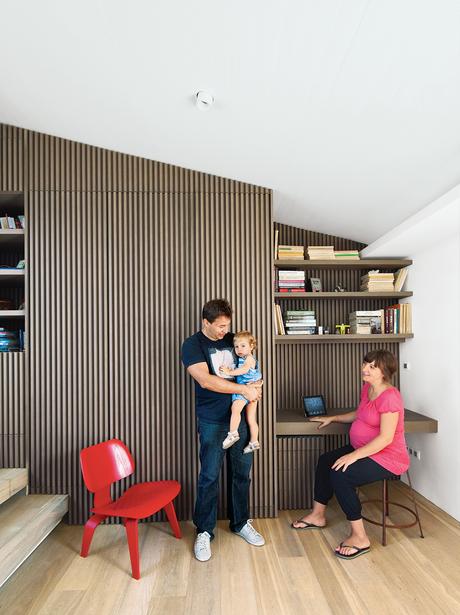 modern lycabettus penthouse apartment office with oak vertical slats and vintage stool