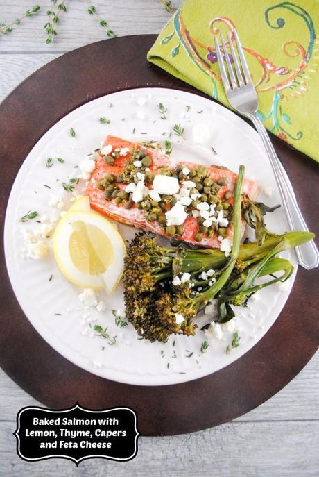 Baked Salmon with Lemon, Thyme, Capers and Feta Cheese