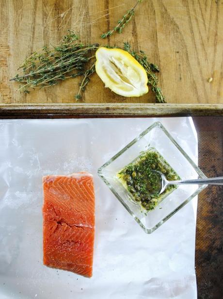 Baked Salmon with Lemon, Thyme, Capers and Feta Cheese