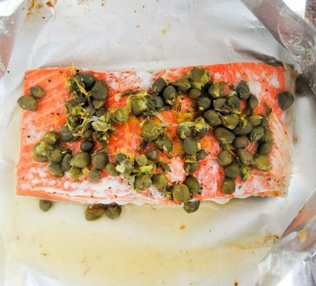 Baked Salmon with Lemon, Thyme, Capers and Feta Cheese