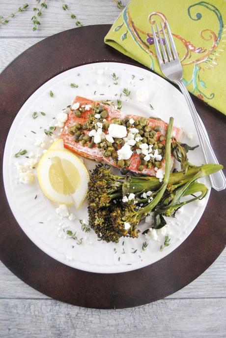 Baked Salmon with Lemon, Thyme, Capers and Feta Cheese