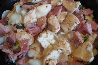 Recipe for Rosemary Chicken and Smoked Ham with Cheese Fondue Topping