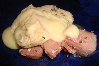 Recipe for Rosemary Chicken and Smoked Ham with Cheese Fondue Topping
