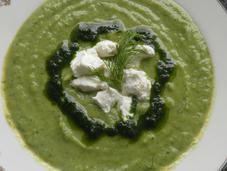 Broccoli, Leek Dill Soup with Goat Cheese Herb Drizzle