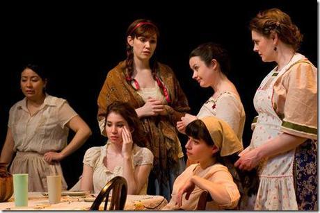 Erica Cruz Hernandez, Emma Peterson, Jackie Alamillo, Natalie DiCristofano, Meghann Tabor and Natalie Turner-Jones in Chicago Fusion Theatre’s Las Hermanas Padilla. Photo by John W. Sisson, Jr.