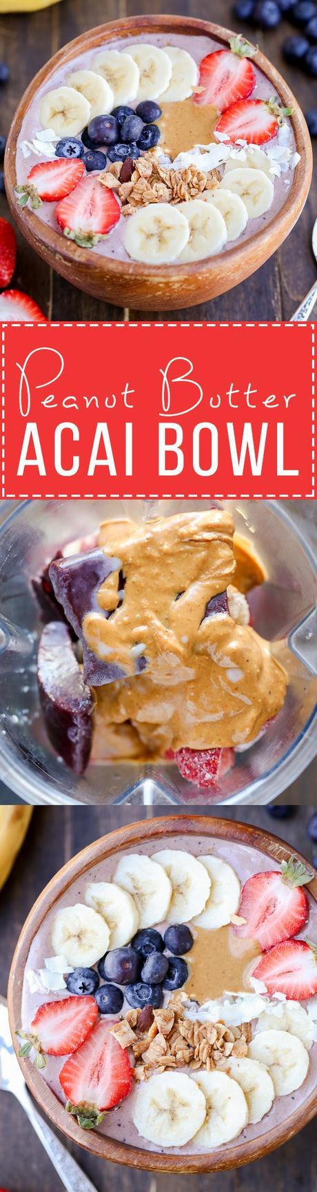 This Peanut Butter Acai Bowl is the perfect creamy, healthy, and peanut buttery breakfast! The recipe makes one thick smoothie bowl, best topped with fresh fruit, granola, and peanut butter.