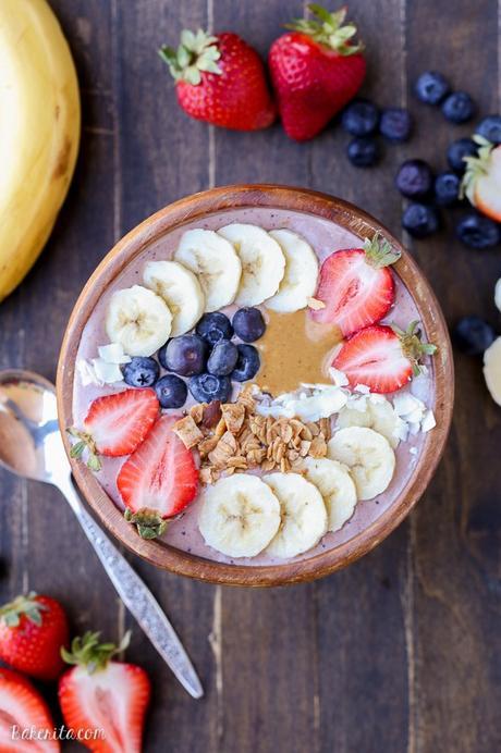 This Peanut Butter Acai Bowl is the perfect creamy, healthy, and peanut buttery breakfast! The recipe makes one thick smoothie bowl, best topped with fresh fruit, granola, and peanut butter.