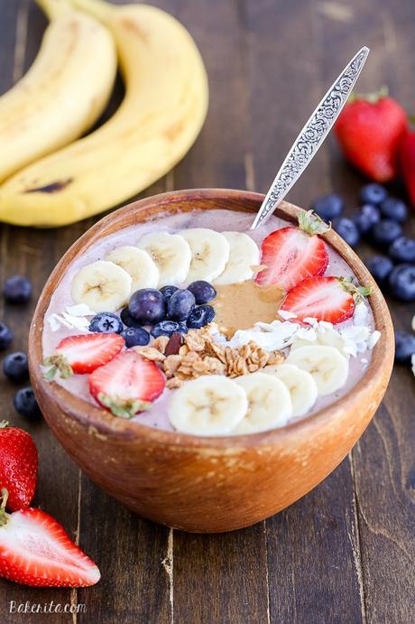 This Peanut Butter Acai Bowl is the perfect creamy, healthy, and peanut buttery breakfast! The recipe makes one thick smoothie bowl, best topped with fresh fruit, granola, and peanut butter.