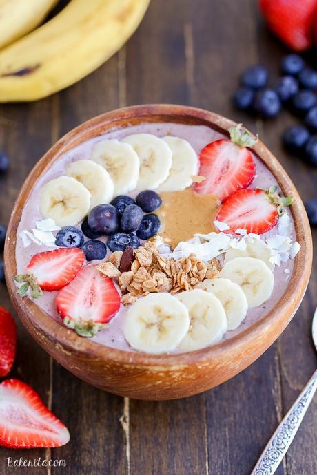 This Peanut Butter Acai Bowl is the perfect creamy, healthy, and peanut buttery breakfast! The recipe makes one thick smoothie bowl, best topped with fresh fruit, granola, and peanut butter.