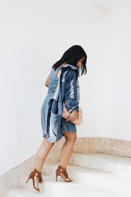 Sheinside denim jacket, Denim Dress via Limeroad, NewLookFashion fringed Sandals, Chanel Sling bag, Selestyme, Indian fashion blogger