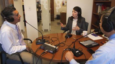 Podcast hosts Ken Jaques (right) and Julie Johnson with guest Babak Yektafar (left).