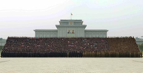 Commemorative photograph of Kim Jong Un and personnel involved in the July 22 Hwaso'ng-10 IRBM test as published on the front page of the June 29, 2016 edition of the WPK daily newspaper Rodong Sinmun (Photo: Rodong Sinmun).