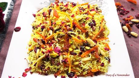 persian-jewled-rice-cranberries-almonds-vegetarian-vegan-saffron-milk-banaspatti-maindish-