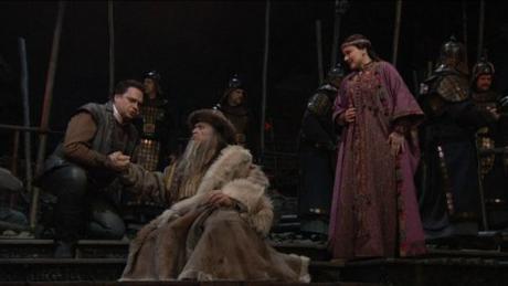 Calaf (Berti), Timur (Alexander Tsymbalyuk) & Liu (Anita Hartig) in Act I