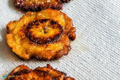 Closeup of fried plantains, commonly called tostones or patacones.