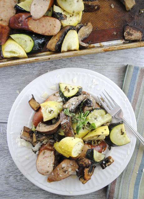 Roasted Turkey Sausage, Summer Squash and Mushrooms with Oregano Vinaigrette