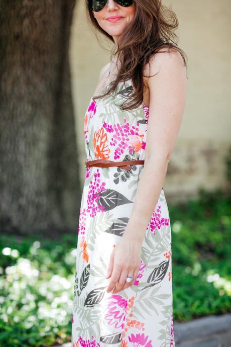 Amy Havins wears a floral maxi dress from old navy.